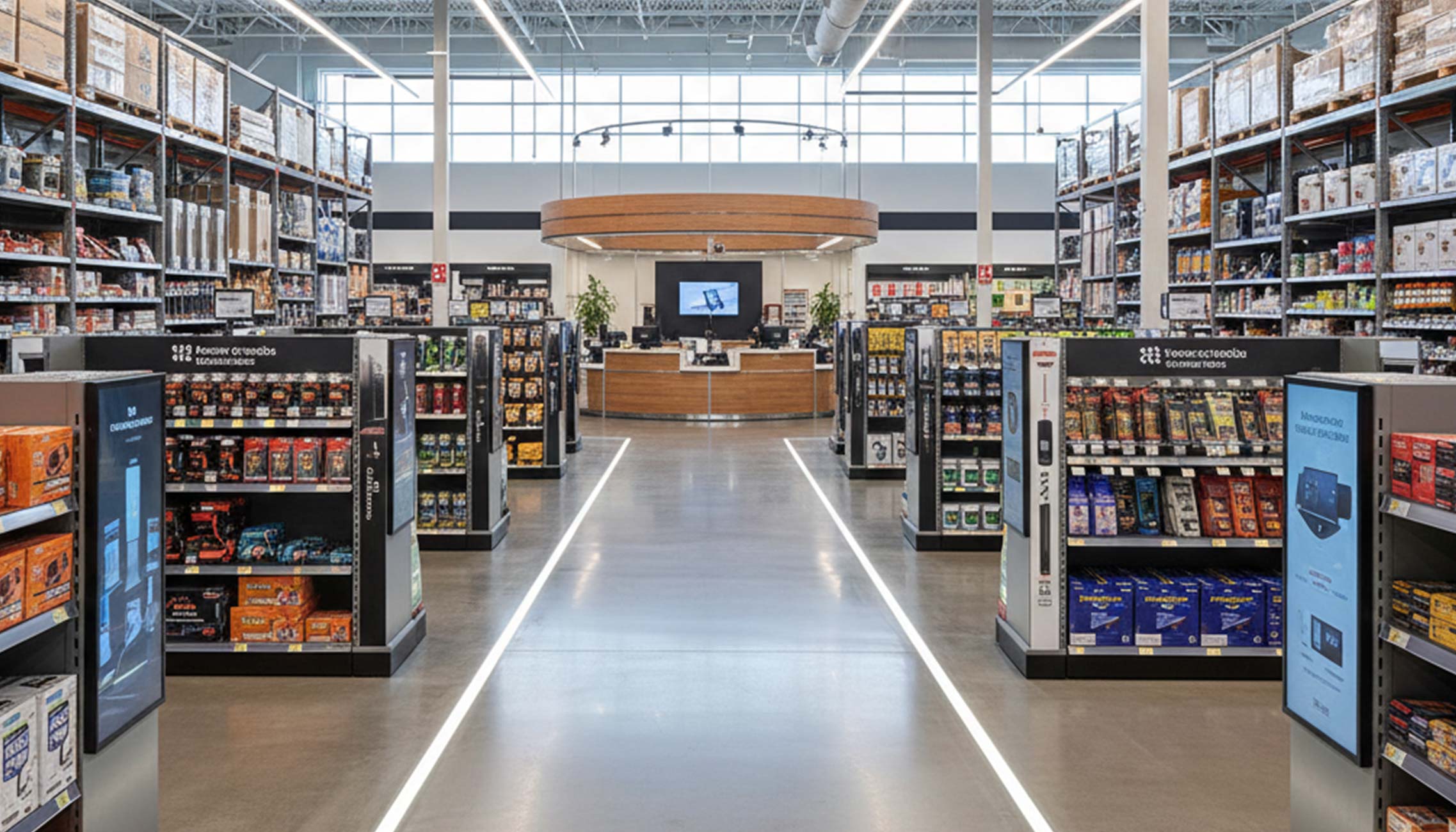 Custom Millwork for Big Box Stores Custom millwork fixtures inside a large-format big box retail store