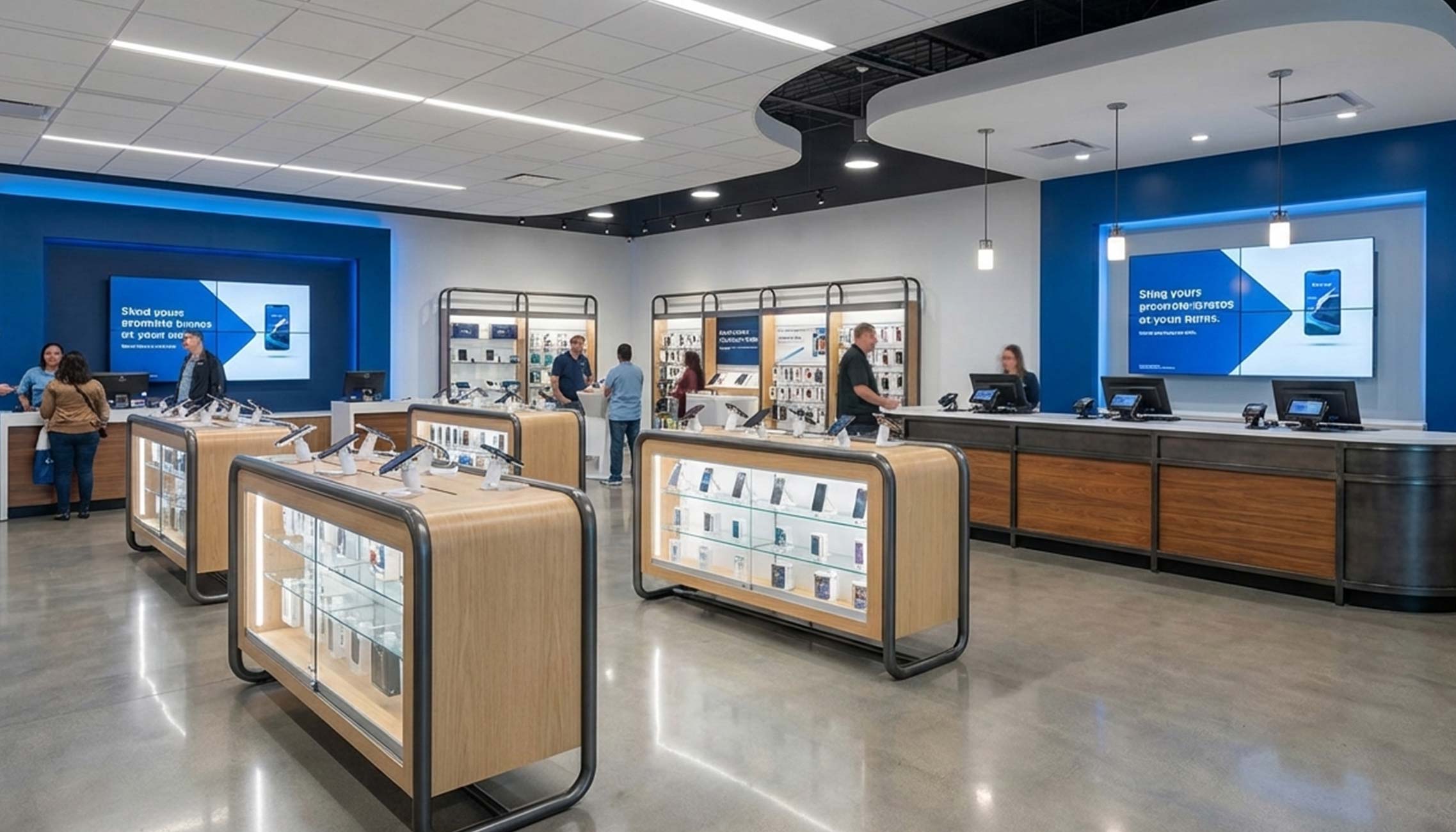 Custom Fixtures for Cell Phone Stores Custom wood and laminate fixtures in a wireless carrier retail store