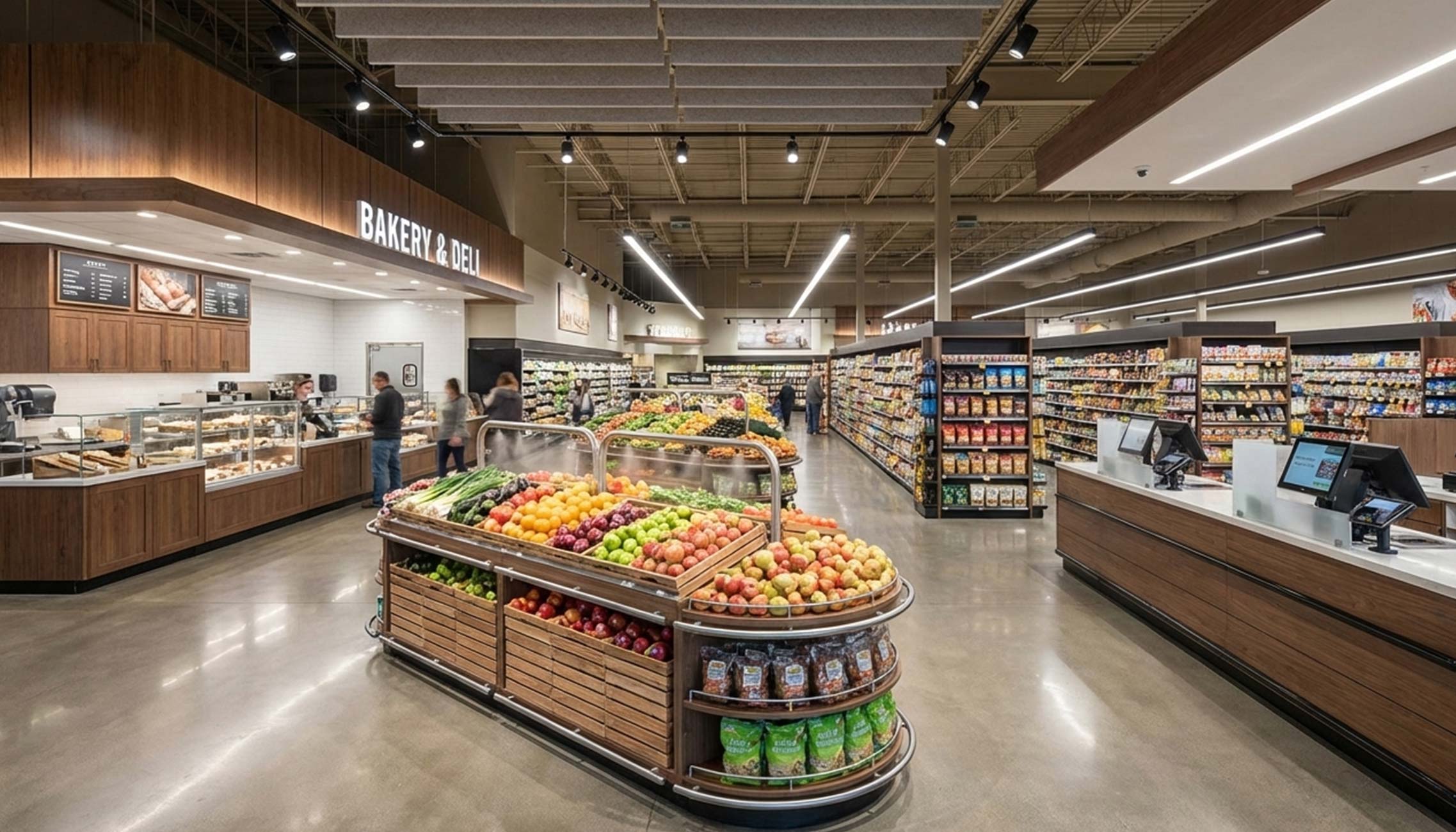 Custom Fixtures for Grocery Stores Custom produce display fixtures and checkout counters in a grocery store