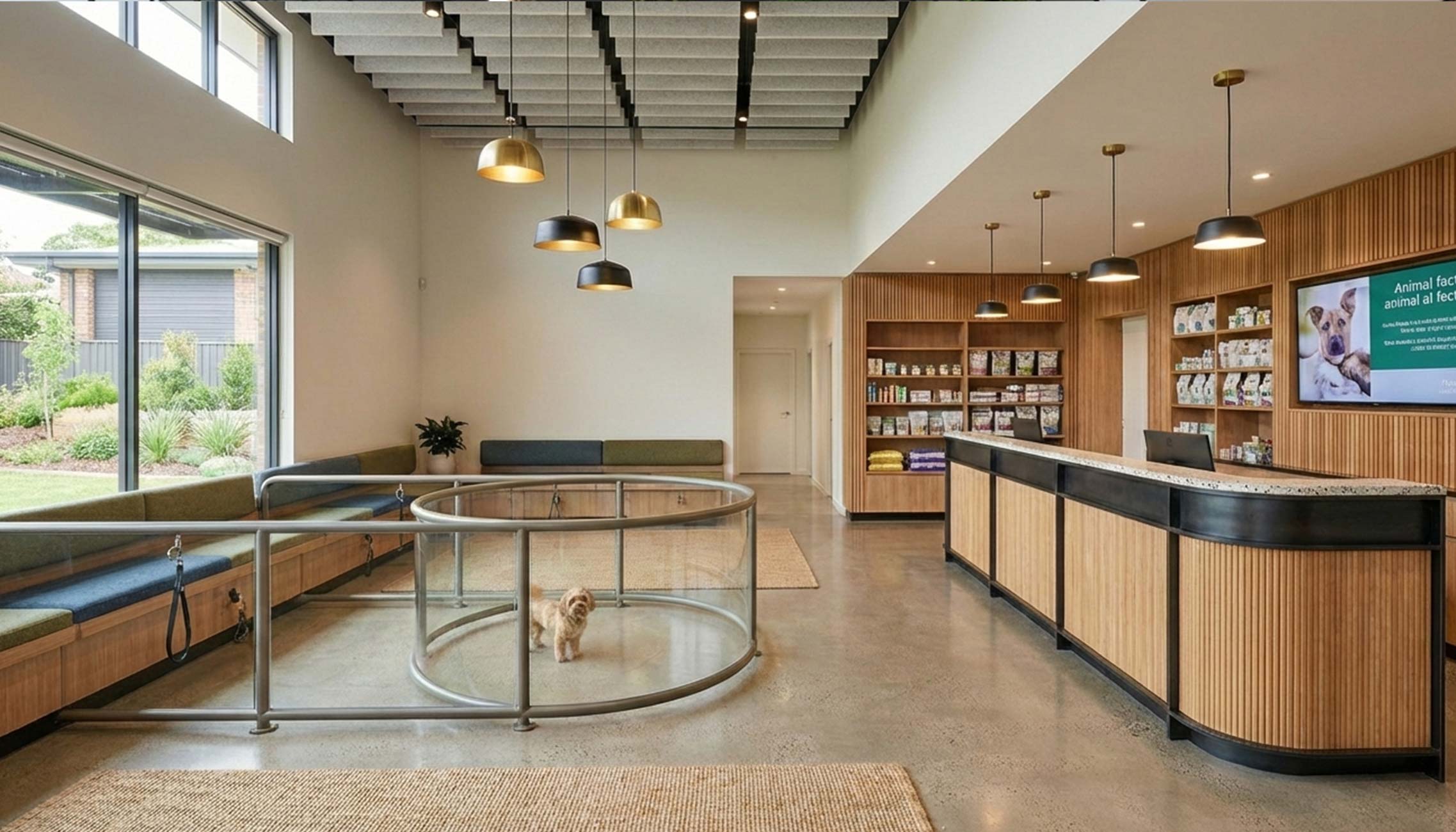 Custom Millwork for Veterinary Practices Custom reception desk and built-in cabinetry in a veterinary clinic